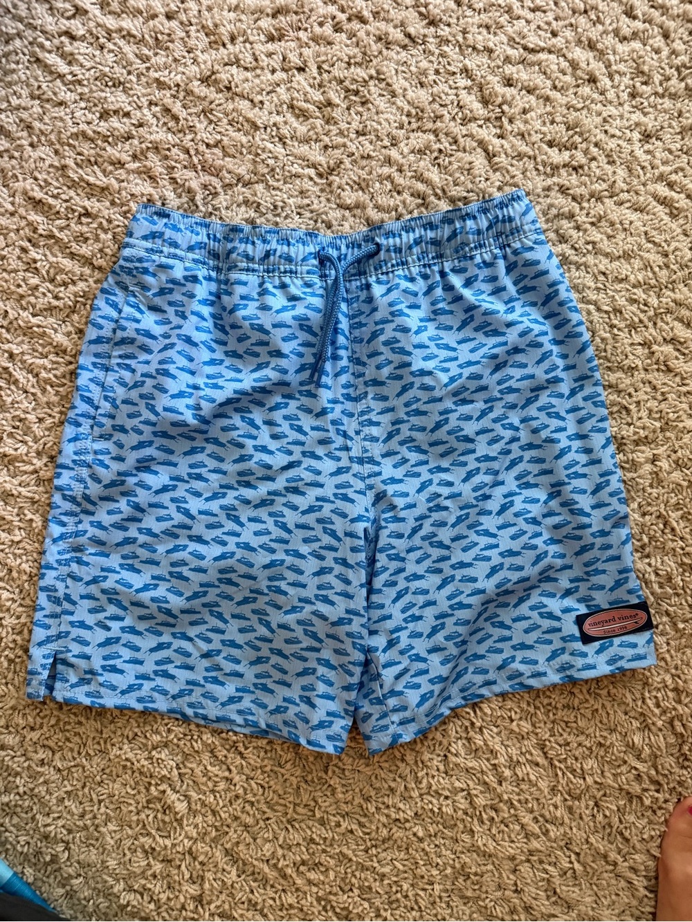Vineyard Vines Light Blue Swim Trunks with Dark Blue Boat Print Boys Medium NWT